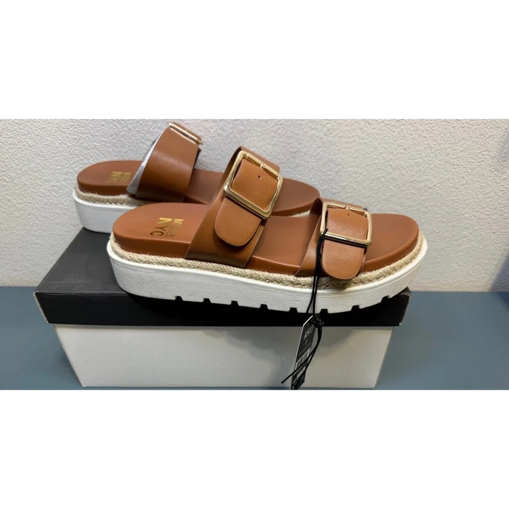 Madden NYC Womens Platform Sandals Cognac Brown Gold Buckle Lug Sole Size 7 NEW - Picture 4 of 5